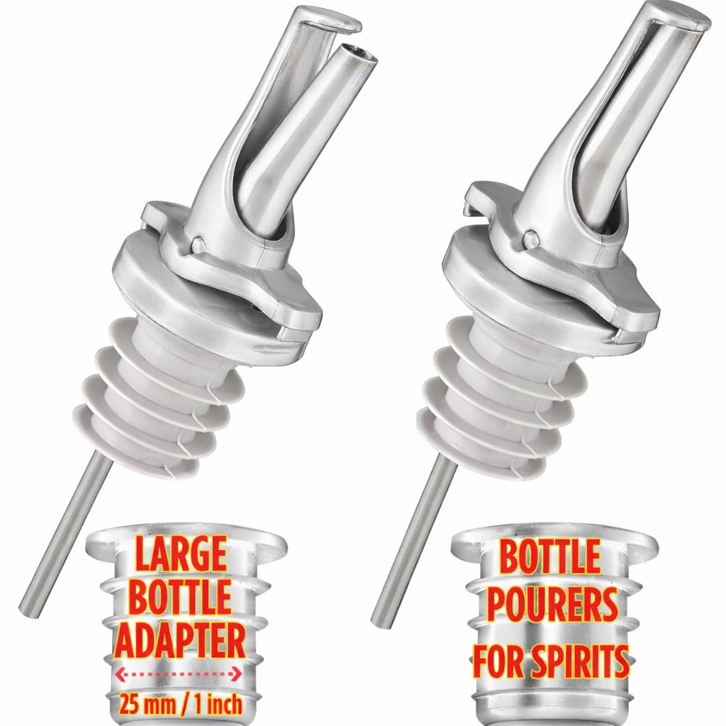 POURA 3-in-1 Liquor Pour Spout with BPA-Free Rubber & Fruit Fly Protection – Dishwasher Safe Speed Pourer for Alcohol, Olive Oil, Juice & Syrup – Silver 2 Pack with Adapters for Large Bottles