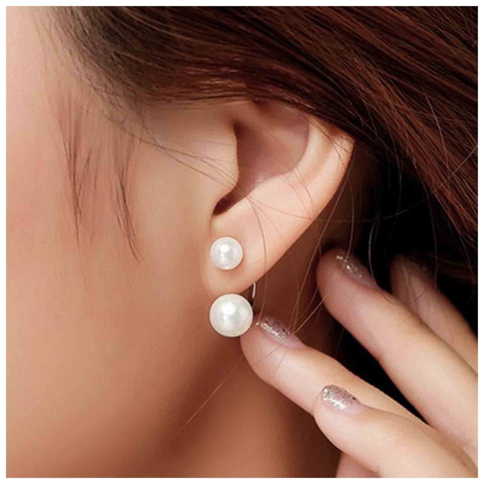 Yheakne Boho Pearl Round Pearl Stud Earrings - Silver Double Sided Minimalist Front Back Earrings - Bridal Jewelry for Women and Girls Gifts
