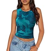ZESICA Women's 2026 Summer Sleeveless Floral Tank Tops Mesh Y2K Crop Going Out Outfits Beach Vacation Trendy Clothes