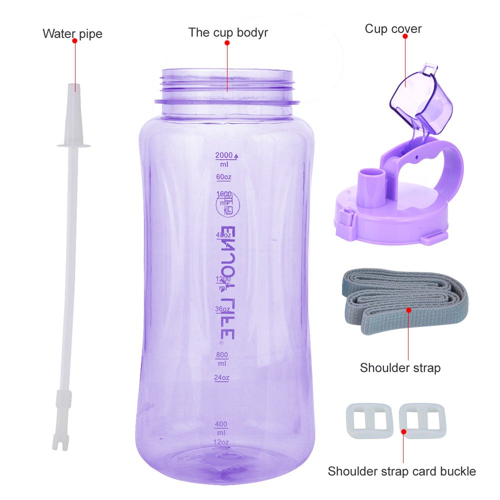 GTI 2L Large Capacity Sports Water Bottle, BPA Free 2 Liter 68 oz Wide Mouth Portable Big Plastic Bottle Leak Proof Space Cup Travel Mugs with Scale Straw Strap