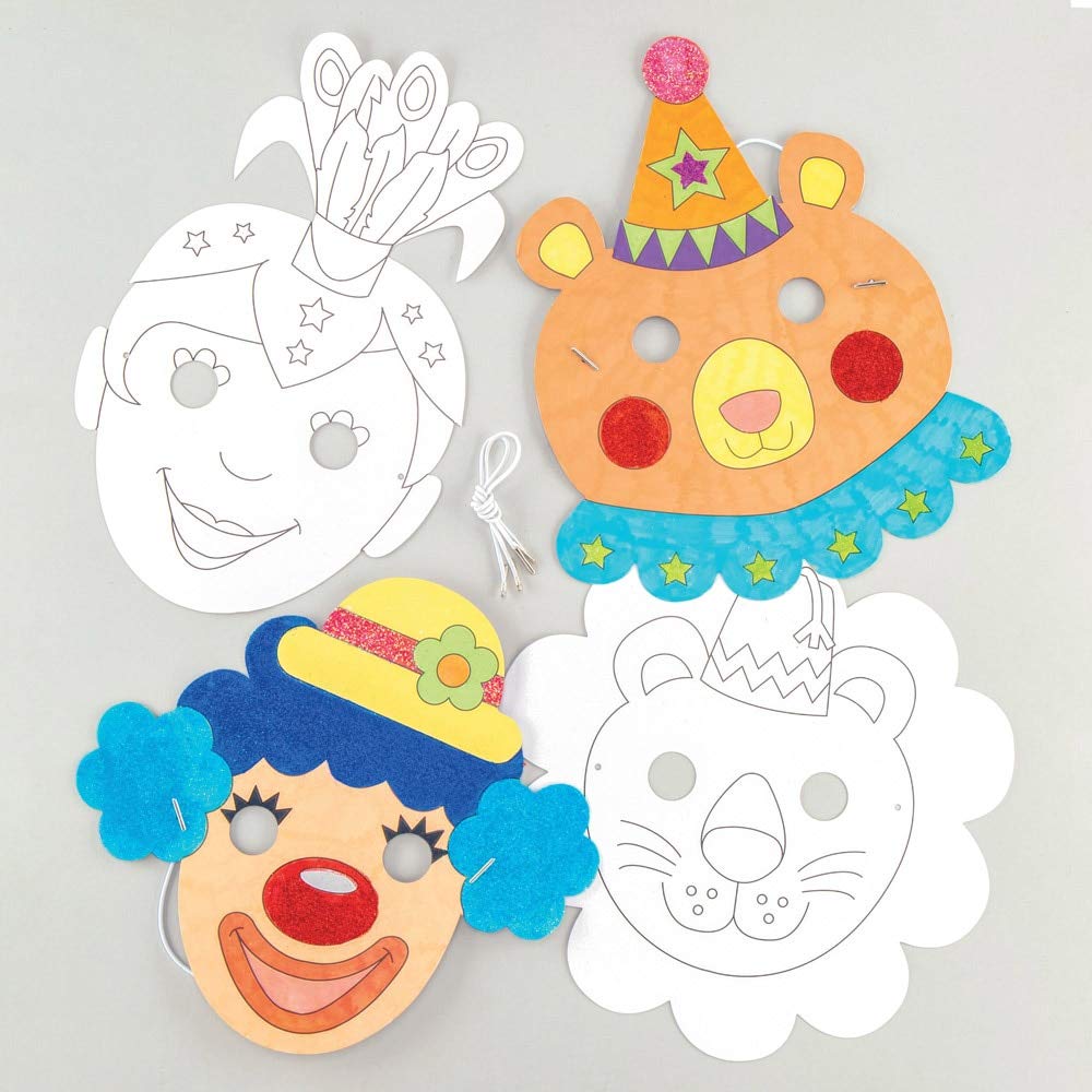 Baker Ross AW483 Circus Colour-In Masks (Pack of 8) White, 18 cm-25 cm