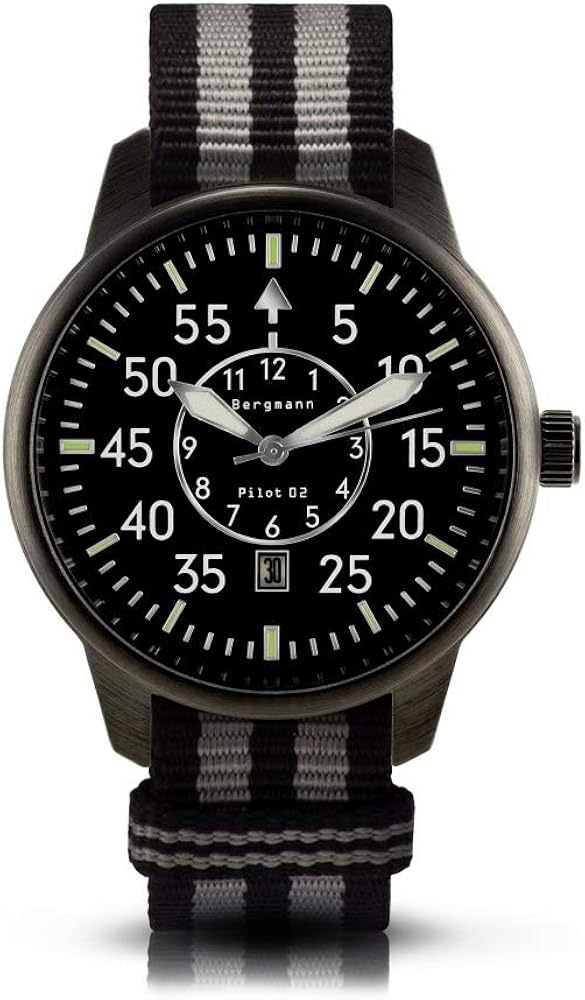 Bergmann - Reloj Pilot 02 negro, negro y gris, correa de tela NATO.