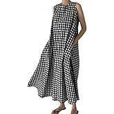 chouyatou Women Summer Casual Sleeveless Plaid Gingham Tank Dress Beach Tunic Shift Cotton Midi Sun Dress