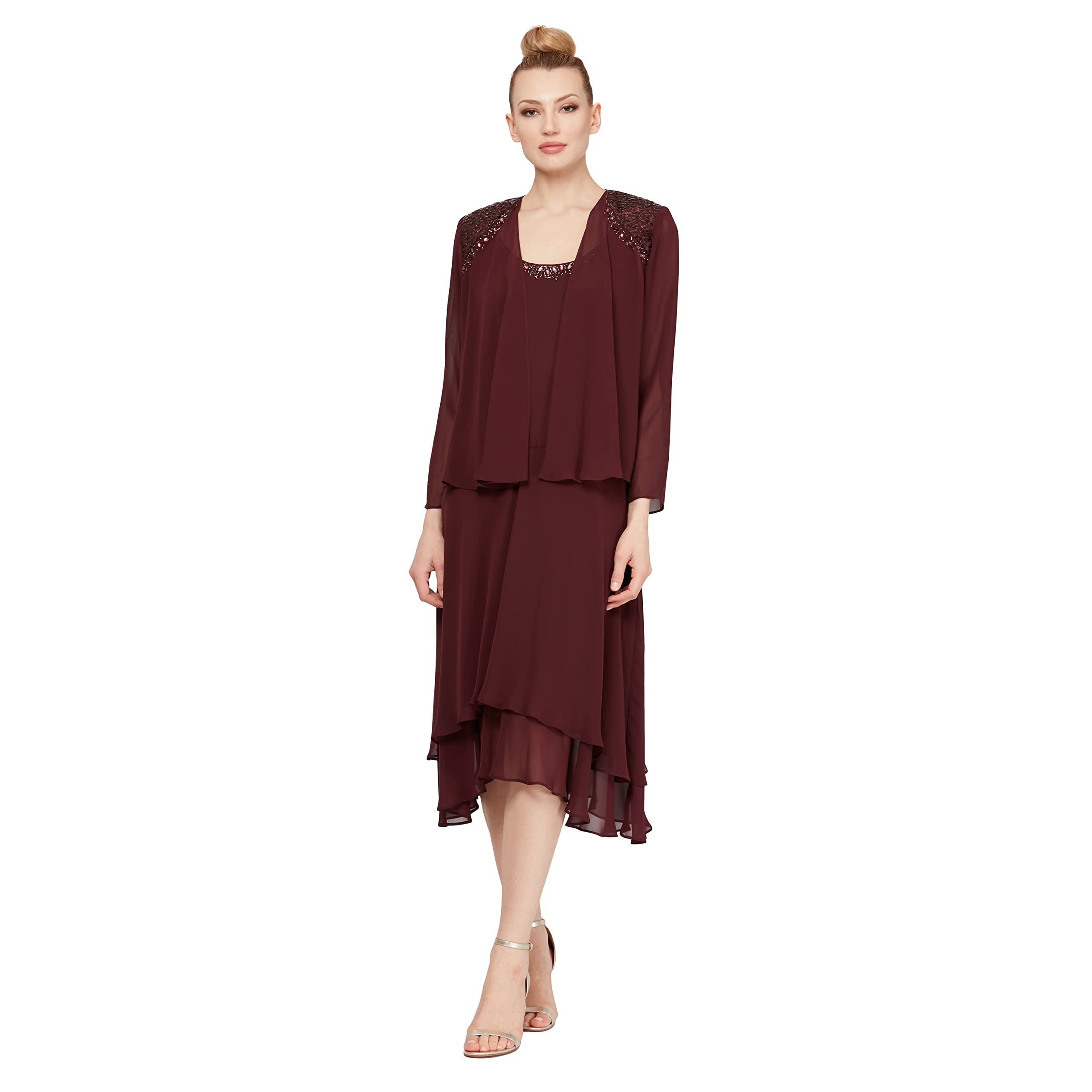 S.L. Fashions Women’s Mother of The Bride Dress with Embellished Neckline & Shoulder, Wedding Guest (Petite and Regular Sizes), Maroon, 8