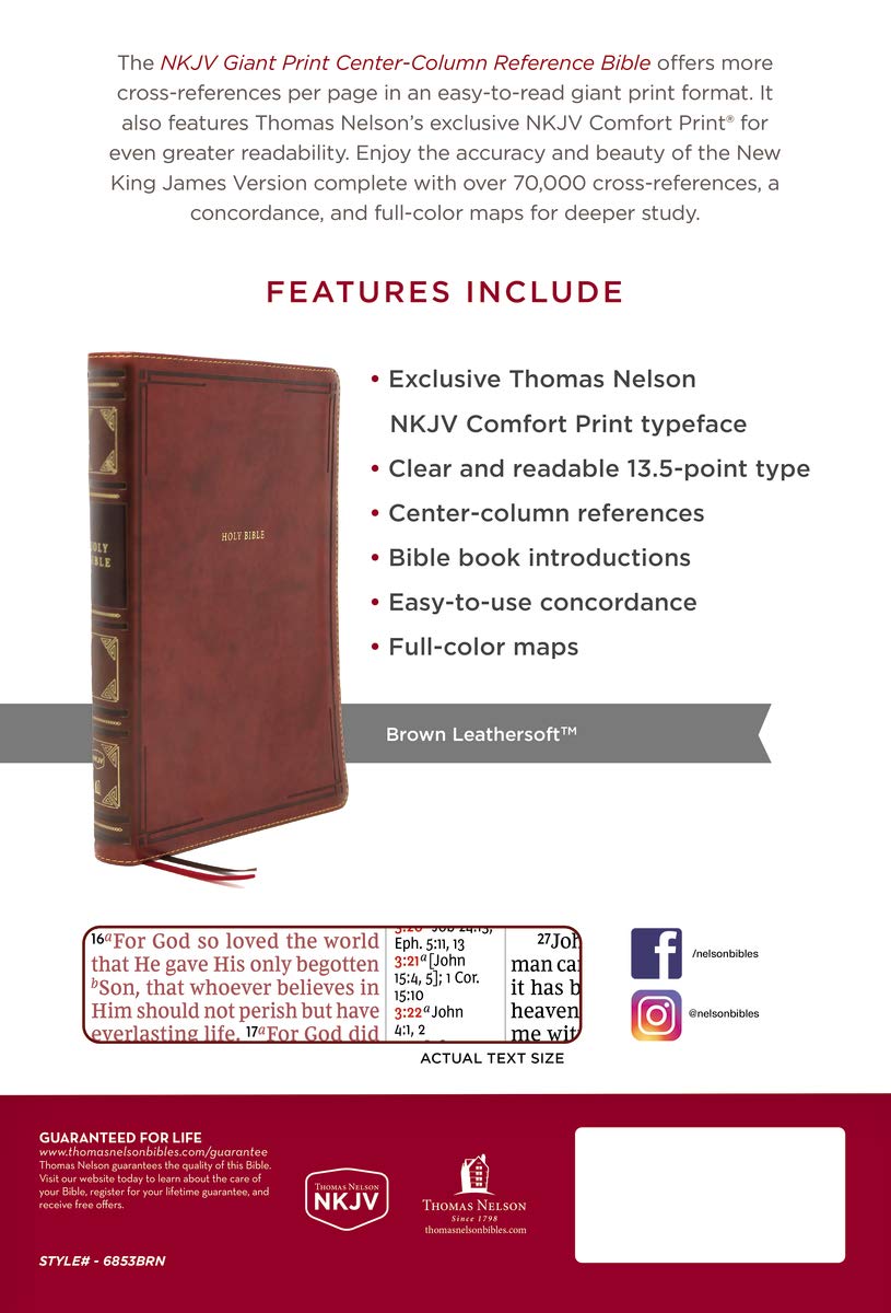 NKJV Holy Bible, Giant Print Center-Column Reference Bible, Brown Leathersoft, 72,000+ Cross References, Red Letter, Comfort Print: New King James Version
