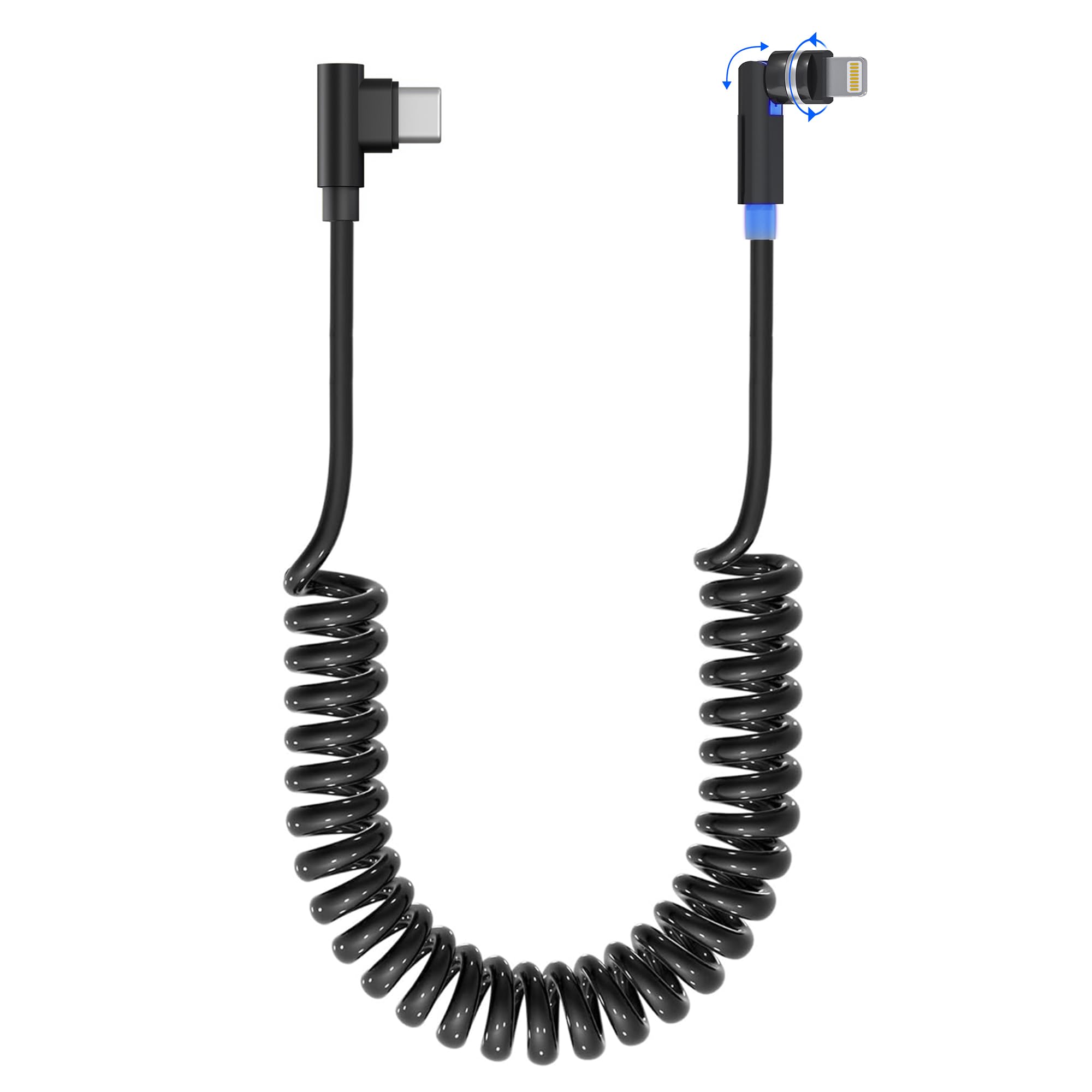 Photo 1 of 90 Degree USB C to Lightning Cable - PD27W Coiled Right Angle Lightning Cable Fast Charging with 360 Degree Rotation for Car Short USB C iPhone Cord with Data Sync for iPhone14 13 12 11 X Pad CarPlay