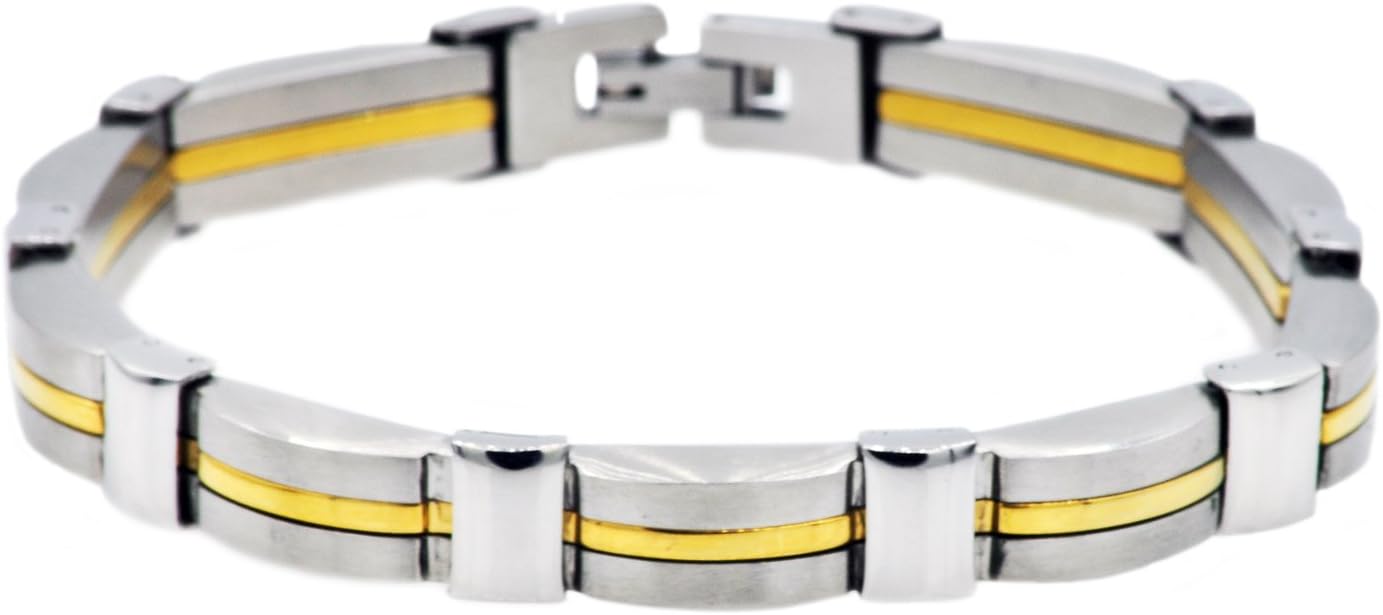 Blackjack Jewelry Men's Brushed and Polished 18k Gold Plated Stainless Steel Nugget Link Men's Bracelet