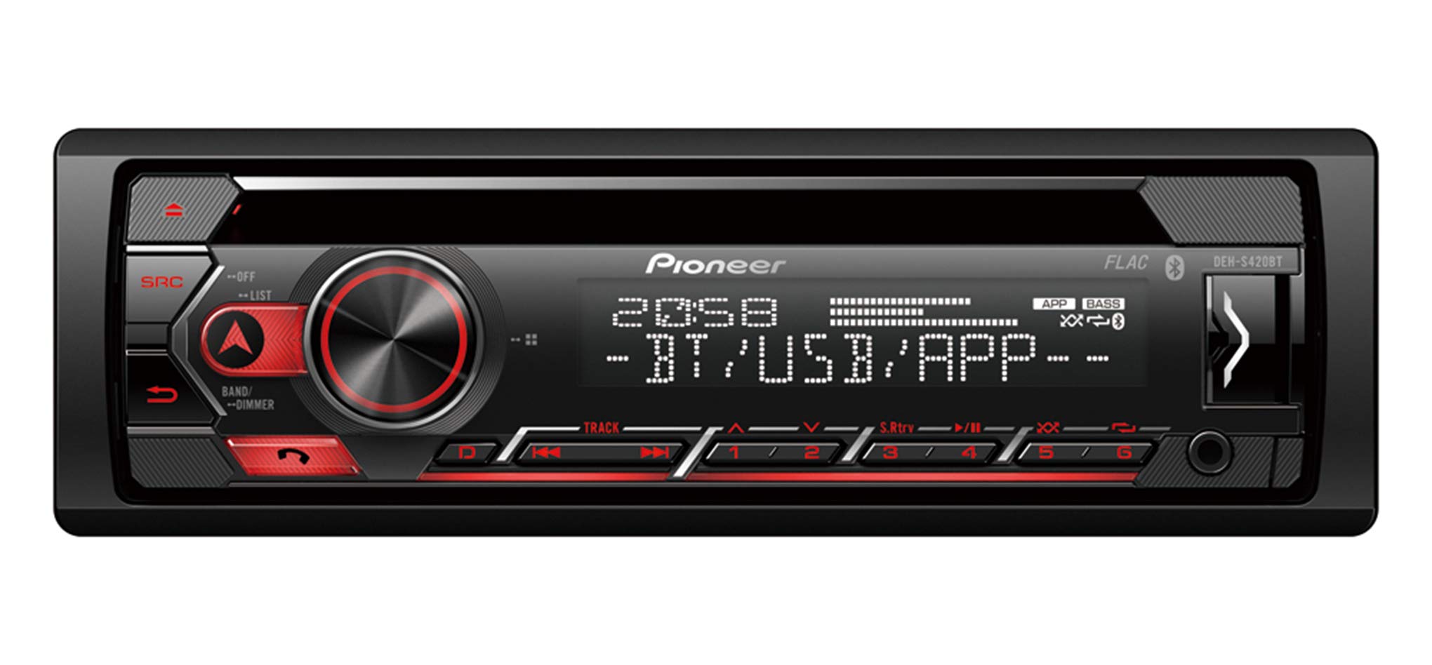 Pioneer DEH-S420BT 1-DIN CD Tuner with Bluetooth, USB, Spotify, Pioneer Smart Sync App and compatible with Apple and Android devices.