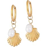 MINACHI Gold-Plated Sea Shell Pendant Hoop Dangle Drop Earrings with Elegant Pearl Charm, Ocean Inspired Jewelry Gift for Women