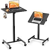 JOY worker 23.6" Small Rolling Standing Desk, 90&deg; Tilt Mobile Laptop Cart | Pneumatic Height Adjustable, Folding Sit-Stand Computer Desk on Wheels with Device Slot, for Home Office Tight Space, Black