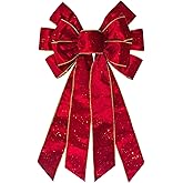 Hying Large Christmas Bows for Wreath, Glitter Red Velvet Wreath Bow Xmas Holiday Tree Topper Bows Ornaments for Front Door New Year Christmas Party Decoration Supplies