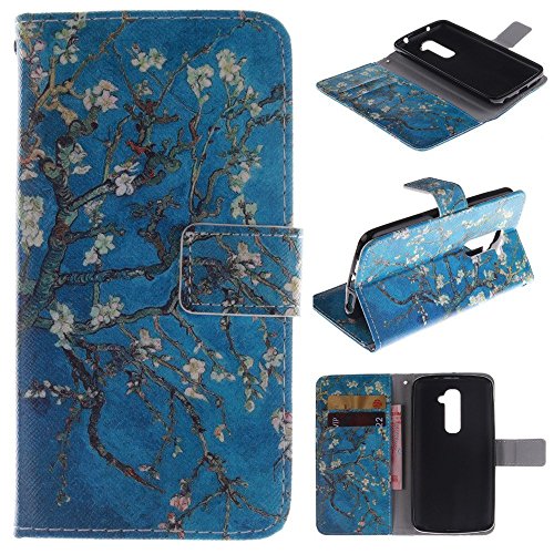 LG G2 Case,LG G2 Wallet Kickstand Case,Tribe-Tiger Stylish Beautiful Apricot Flower Design Premium Leather Magnet Slim Flip Kickstand Case Cover for LG G2 D800,D801,D802