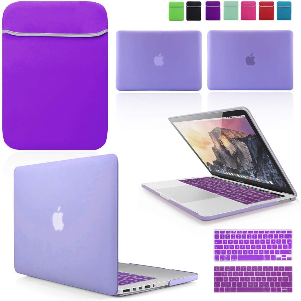 BUNDLE - Lavender Hard Shell Case with matching Keyboard Skin and Neoprene Sleeve Cover for 13" & 15-inch Apple MacBook PRO