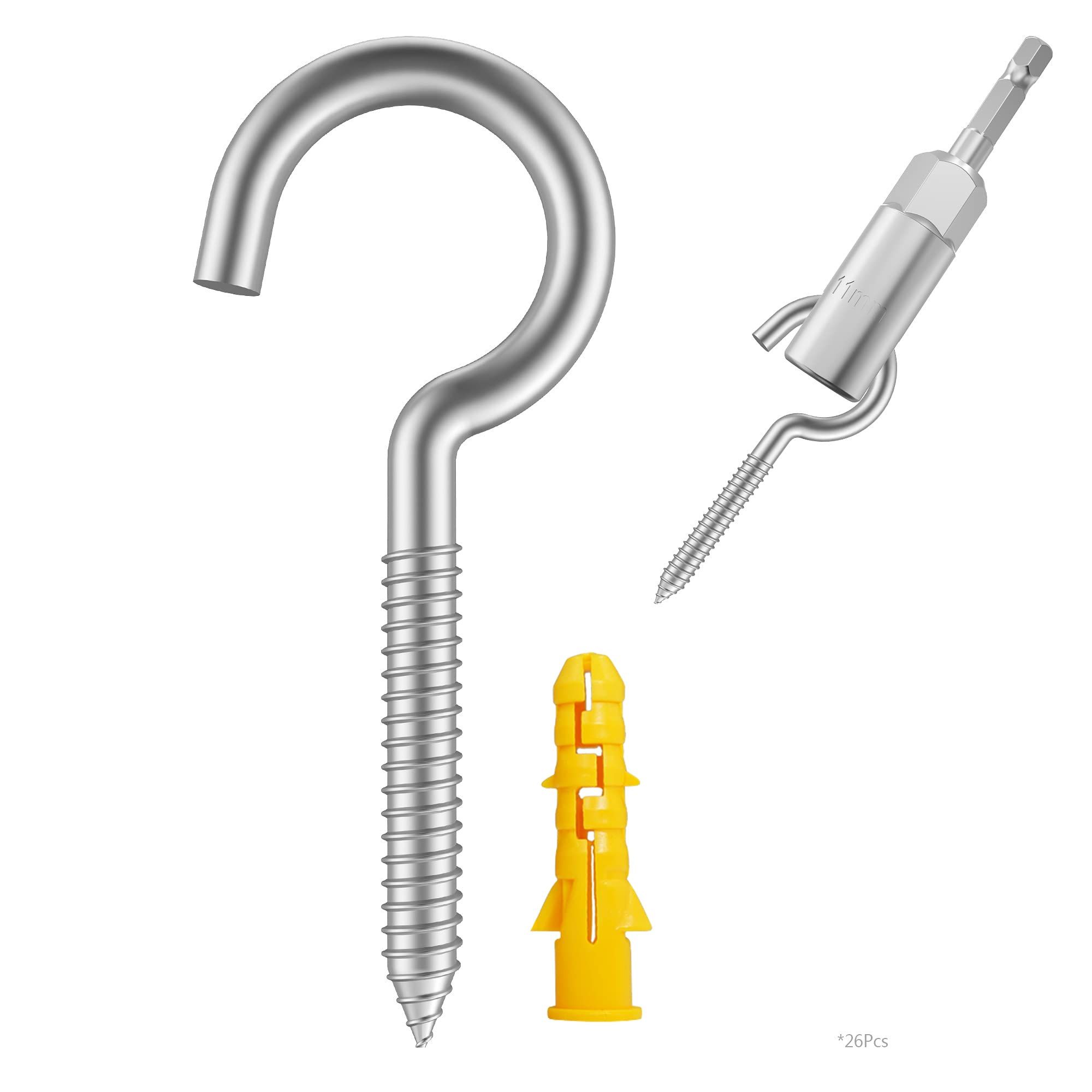 HXLPAY 304 Stainless Steel Screw-in Hooks, Metal Hooks, Heavy-Duty Screw Eye Hooks, Wood Terminal Ring Eye Hooks,Christmas Lighting Hook (26 pcs +1 pcs 1/4" hex Shank Wing nut Driver)