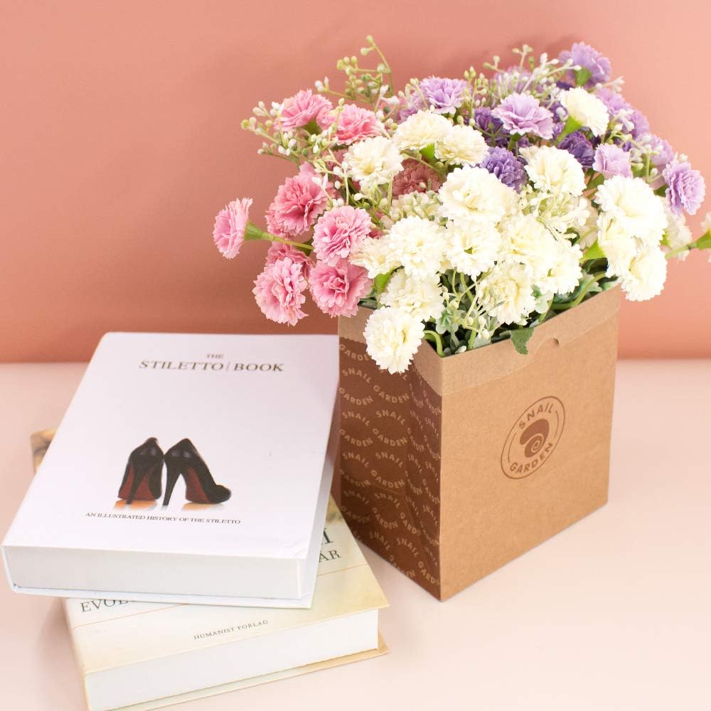 SNAIL GARDEN Artificial Carnations Flowers,60 Heads 3 Bundles Silk Realistic Mini Chrysanthemum Bouquet,with Greeting Card & Brown Paper Bag for Home Office Table Decoration Gift(White/Pink/Purple) - Image 4