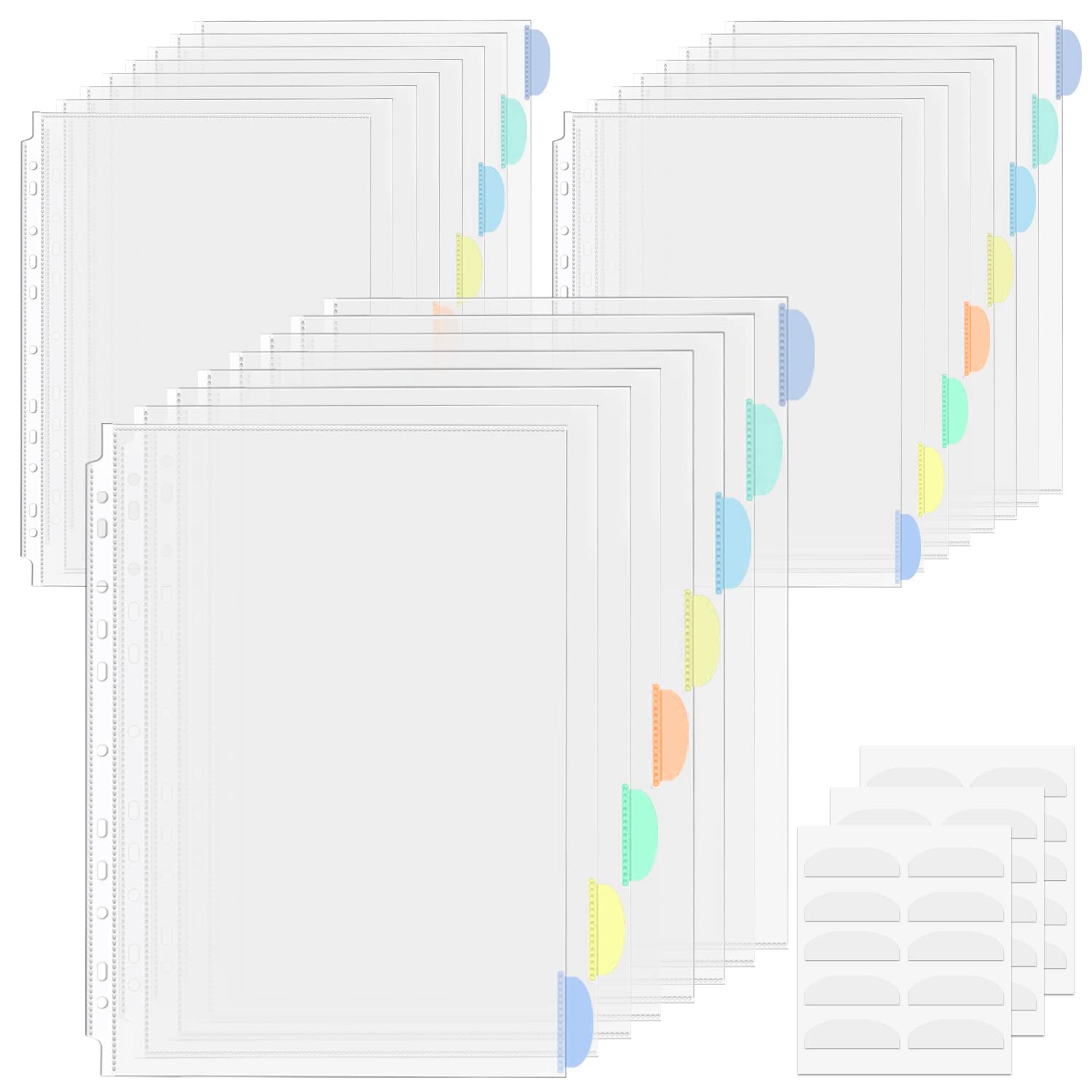 24 Pcs Punched Pockets A4 Plastic Sleeves with Tab Divider for Binder Folder Clear Poly Pockets Top-Opening 11 Holes Binder Pocket for School Office Home
