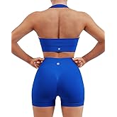 SUUKSESS Women Seamless Ribbed Workout Set Backless Sports Bra Booty Biker Short