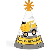 Big Dot of Happiness Dig It - Construction Party Zone - Cone Happy Birthday Party Hats for Kids and Adults - Set of 8 (Standard Size)