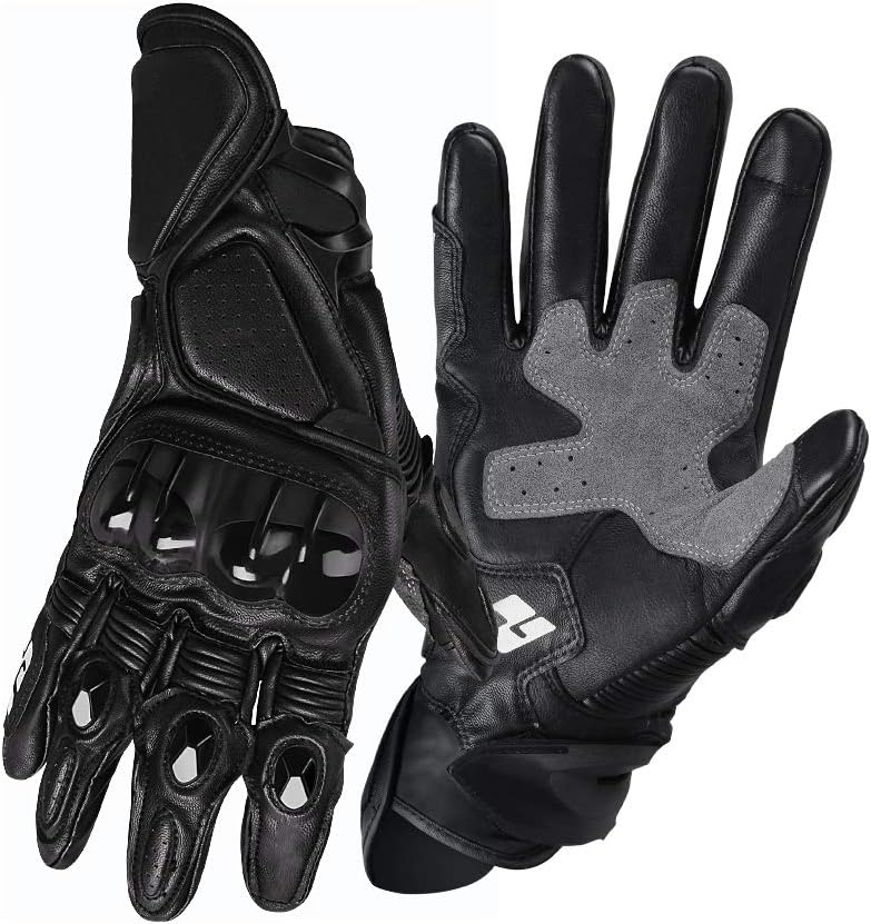 Motorcycle Gloves, Lavmar Full Finger Racing Gloves Anti-skid Genuine Leather with Touch Screen Rubber & Hard Knuckle For Outdoor Sports Road Cycling Camping(L)