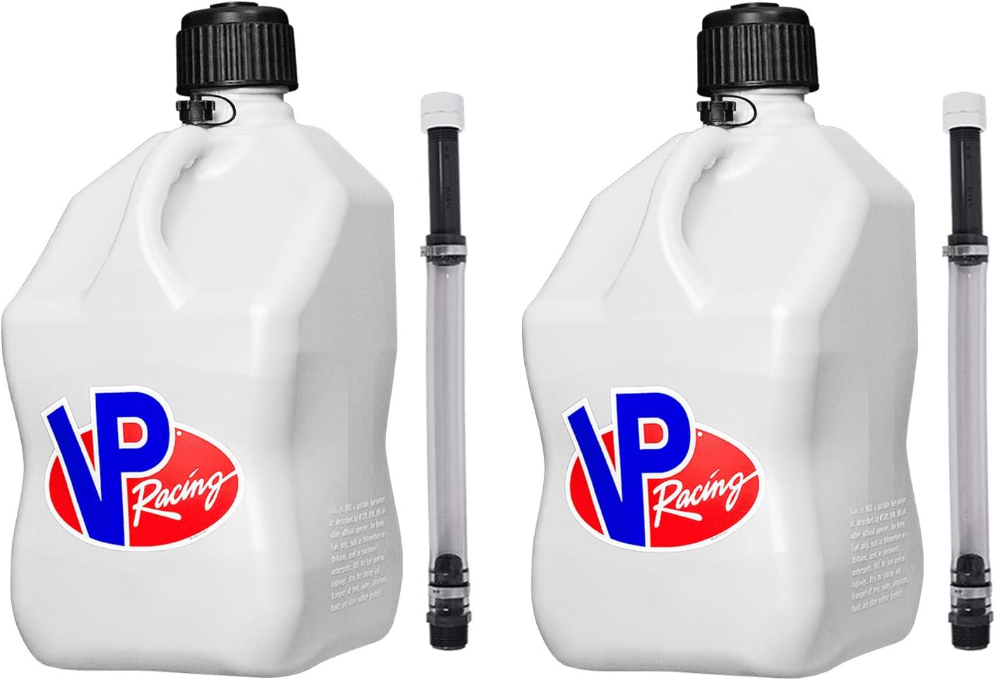VP Racing Fuels Motorsport 5 Gallon Square Plastic Utility Jug White & 14 Inch Hose (2 Pack)