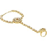 Efulgenz Indian Bollywood Kundan Finger Ring Link Chain Wedding Bridal Bracelet Hand Harness Slave Bracelet Jewelry