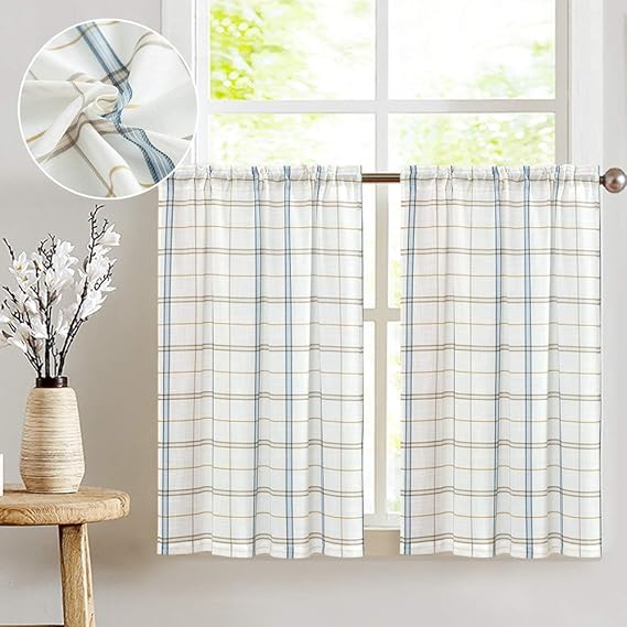 Classic Plaid Kitchen Curtains Checkered Design Linen