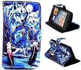 Nokia Lumia N520 (NOT for 521) Case, Wolf Dream Catcher Flip Wallet Credit ID Card Slot Holder Phone Case With Stand --Retail Package W Screen Protector --Night Blue