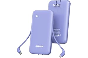 Alongza Portable Charger Built-in Cables and AC Wall Plug, Slim Fast Charging Power Bank 10000mAh, Lightweight USB C External Battery Pack Compact Travel Cell Phone Charger