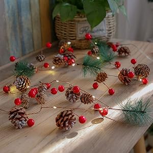 Christmas Pine Cones String Lights 30 Leds 10 Ft Jingle Bell with Berries Copper for Indoor Outdoor Thanksgiving Xmas Fairy Light Fit Garden Garland Party Decorations - 3AA Battery Power Warm White