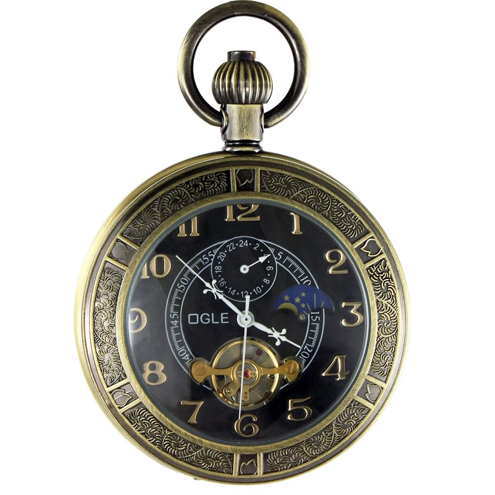 OGLE Waterproof Luminous Magnifier Tourbillon Moon Sun Chain Fob Self Wind Automatic Mechanical Pocket Watch, Bronze Black, Digital,Mechanical