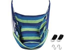Goutime Hammock Chair, Boho Hanging Rope Ceiling Swing, Macrame Hanging Swinging Chair for Indoor,Outdoor,Bedroom,Outside,Garden,Balcony,Yard,Deck,Max 330 Lbs,Blue and Green