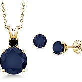 Gem Stone King 18K Yellow Gold Plated Silver Round Blue Sapphire and Black Diamond Pendant and Earrings Jewelry Set For Women (6.32 Cttw, Gemstone Birthstone, with 18 Inch Chain)