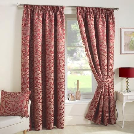 Baron Red Jacquard 90x108 Pencil Pleat Fully Lined Damask Curtains