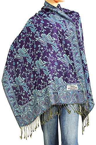 Falari Women's Woven Pashmina Shawl Wrap Scarf (Dark Purple & Turquoise) A05-26