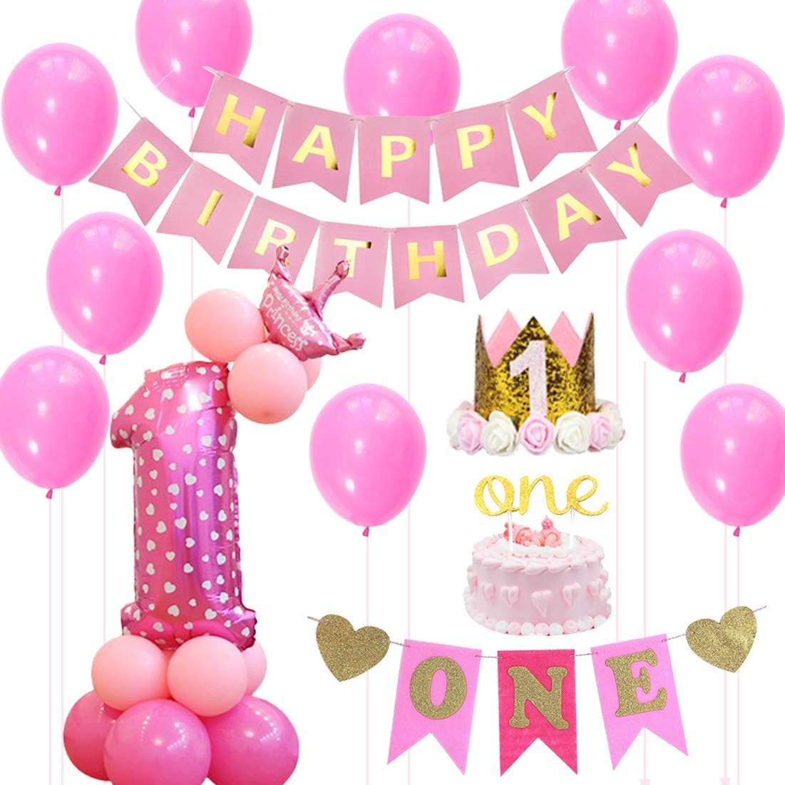 Amazon Co Jp 1歳誕生日飾り パーティー飾り付け ピンクゴールド Happy Birthdayバナー Oneハイチェアバナー クラウンハット ケーキトッパー 女の子 1歳お祝い飾り付け 部屋装飾 おもちゃ