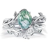 Wasee Natural Moss Agate Ring Set 925 Sterling Silver Green Oval Moss Agate Engagement Ring Wedding Promise Ring Jewelry for Women,Ring Size 6.5