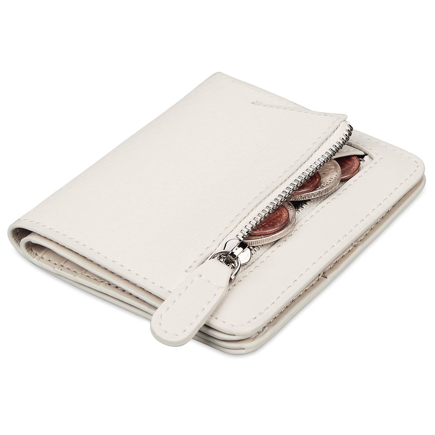 FT FUNTOR Small Wallet for Woman with Card Ladies Bifold Zipper Pocket RFID Blocking Leather Wallet Purse (Hand Graining-White)