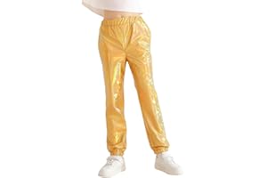 LUCKYGAL Girls Metallic Pants Holographic Shiny Sparkly Stretchy Jogger Pants Loose Hip Hop Wear