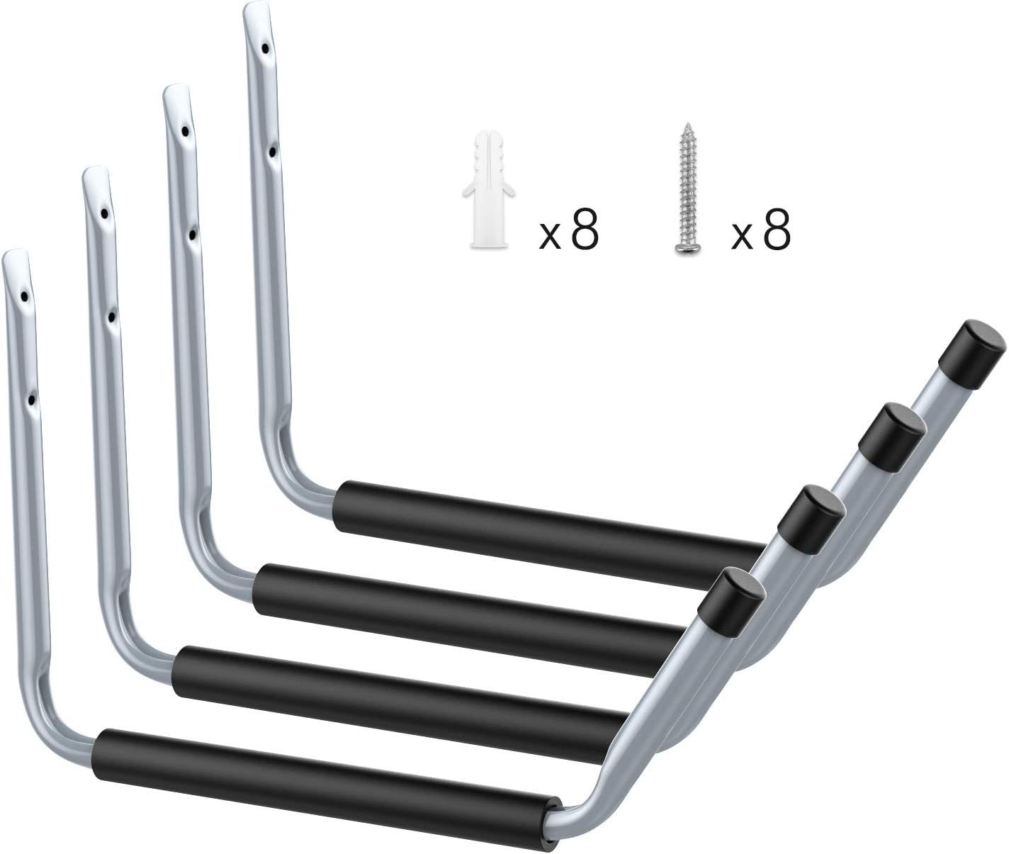 Housolution Heavy Duty Jumbo Arm Garage Hooks Set, 4 Pack Steal Utility Hooks Garage Storage Organizer Garden Hangers Wall Mount Cradle Set with 8PCS Screws and Anchors, Gray + Black Mat