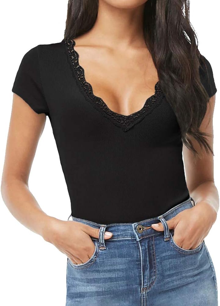 CLOZOZ Women' Deep V Neck Short Sleeve Basic Shapewear Bodysuits at