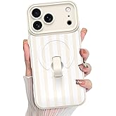 KANGHAR Compatible with iPhone 17 Pro Max Case, Support for MagSafe, Silicone Stripes Cute Pattern, Wristband Kickstand Camera Protection Soft Slim Cover for Girls Women -White