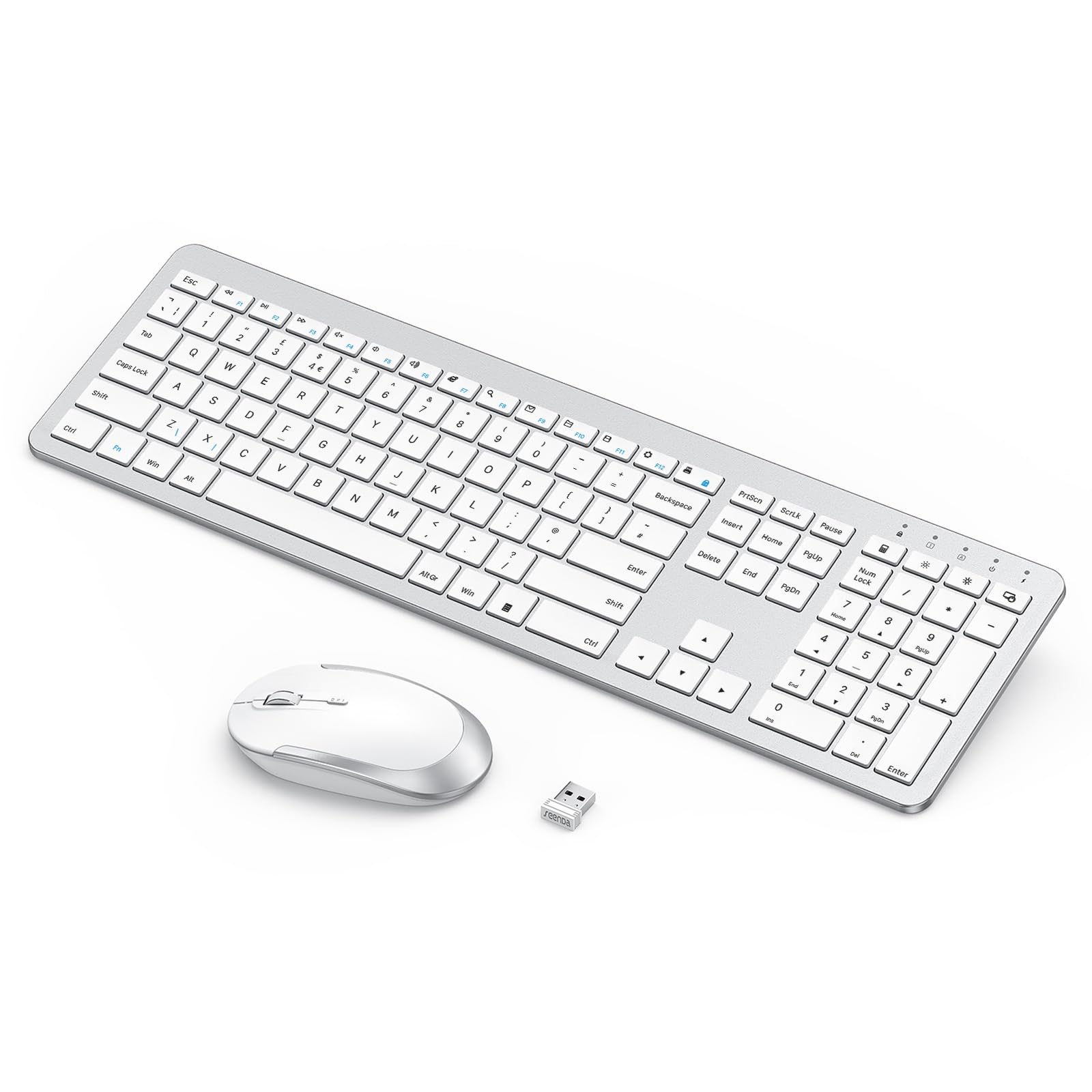 seenda Wireless Keyboard and Mouse Rechargeable, SK38-3 Ultra Slim Quiet USB Keyboard and Mouse Set for Windows Laptop PC Computer, Full-Size QWERTY UK Layout, Silver and White