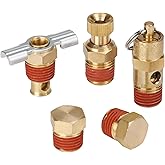 Hromee 5 Piece 1/4 Inch Compressor Air Tank Port Fittings Drain Valve Kit with Solid Brass Hex Head Plugs Winged Style and Tw