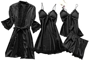 TIMIFIS Women Silk Pajamas Set 4pcs Sexy Lace Nightgown Robe Sling Nightdress Crop Tank Tops Pjs Boyshorts Sleepwear Sets