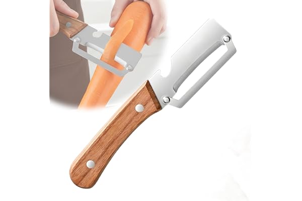 Sakerplus Multifunctional Vegetable Peeler with Wooden Handle and Bottle Opener, 2-in-1 Stainless Steel Blade, Contour-Flow for Kitchen Prep, Camping, Apple Potato Pumpkin Papaya Peeling