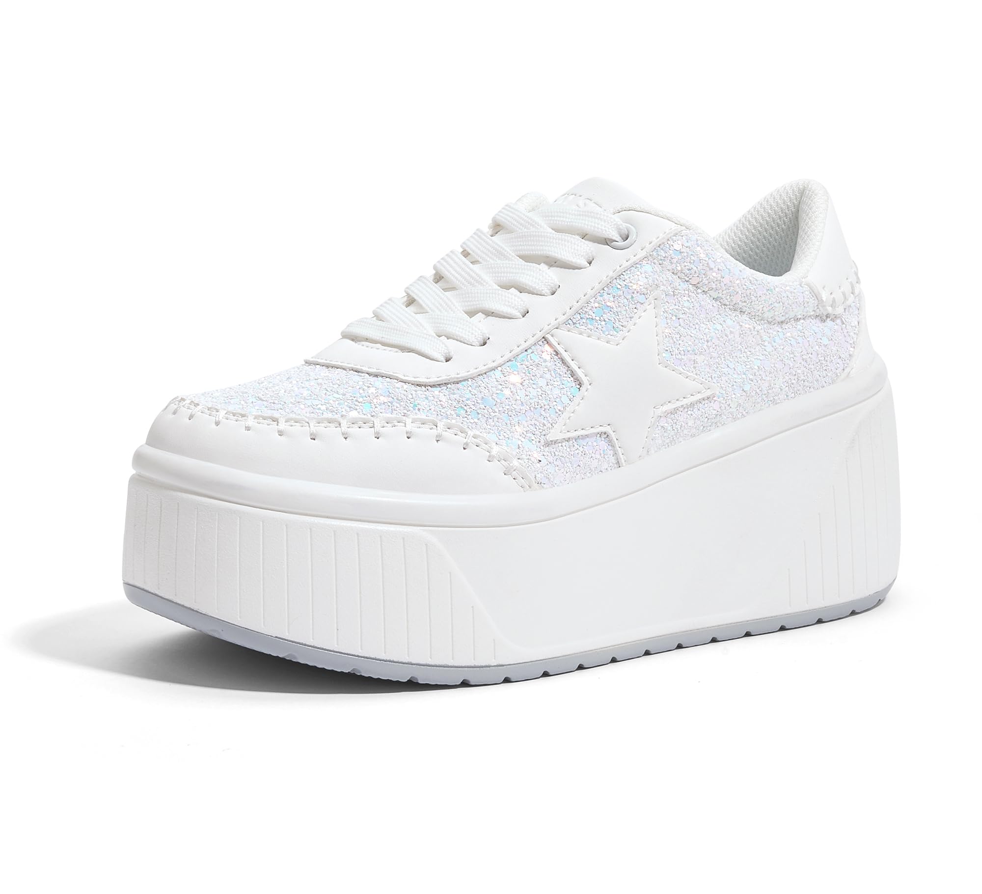Photo 1 of LUCKY STEP Women's Platform Chunky Sneakers Fashion Star Glitter Sparkly Wedge Walking Shoes High Heel Casual Shiny Thick Sole Footwear(White Glitter,6)