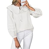 Cicy Bell Womens Peter Pan Collar Shirts Long Puff Sleeve Cotton Blouses Trendy Casual Loose Fit Tops