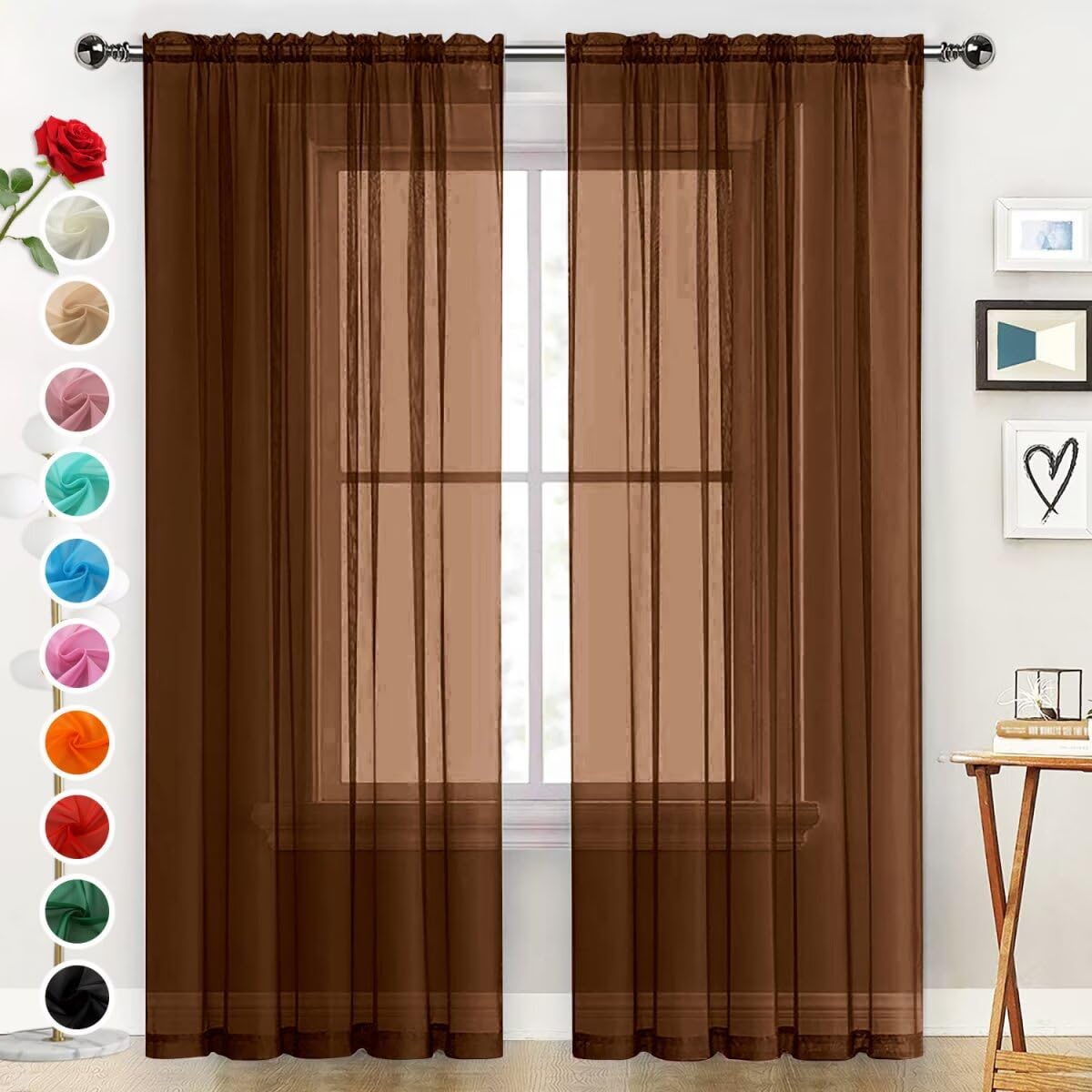 Photo 1 of SpaceDresser Sheer Voile Window Treatment Rod Pocket Curtain Panels (Brown, 52 W x 54 L)