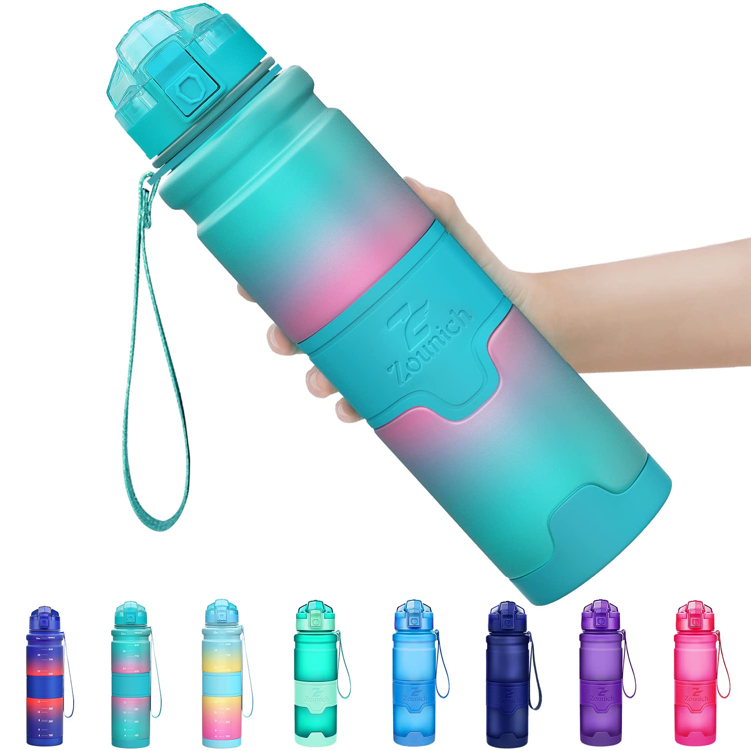 Zounich Best Sports Water Bottle Leak Proof 1L/700ml/500ml/400ml BPA Free Tritan Drink Bottles|Kids,Adults,Gym,School,Sport,Cycling| with Times to Drink & Fruit Infuser Filter & Lock Cover| Reusable