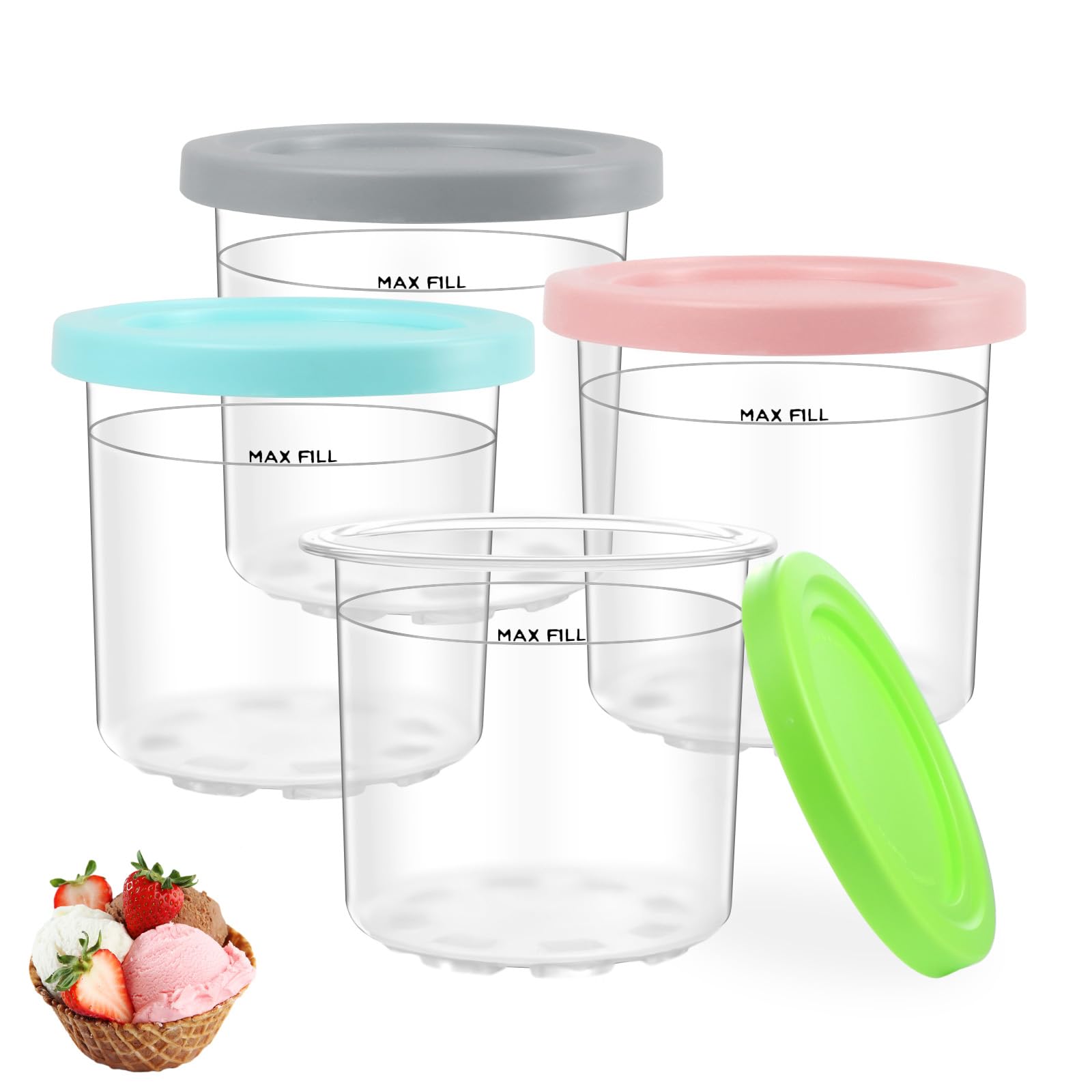 Nepfaivy Ice Cream Tubs for Ninja CREAMi - 4 Pack Creami Tubs Compatible with Ninja CREAMi Ice Cream Maker NC300UK NC300UKCP NC299AMZ, BPA-Free & Dishwasher Safe Containers with Color Lids